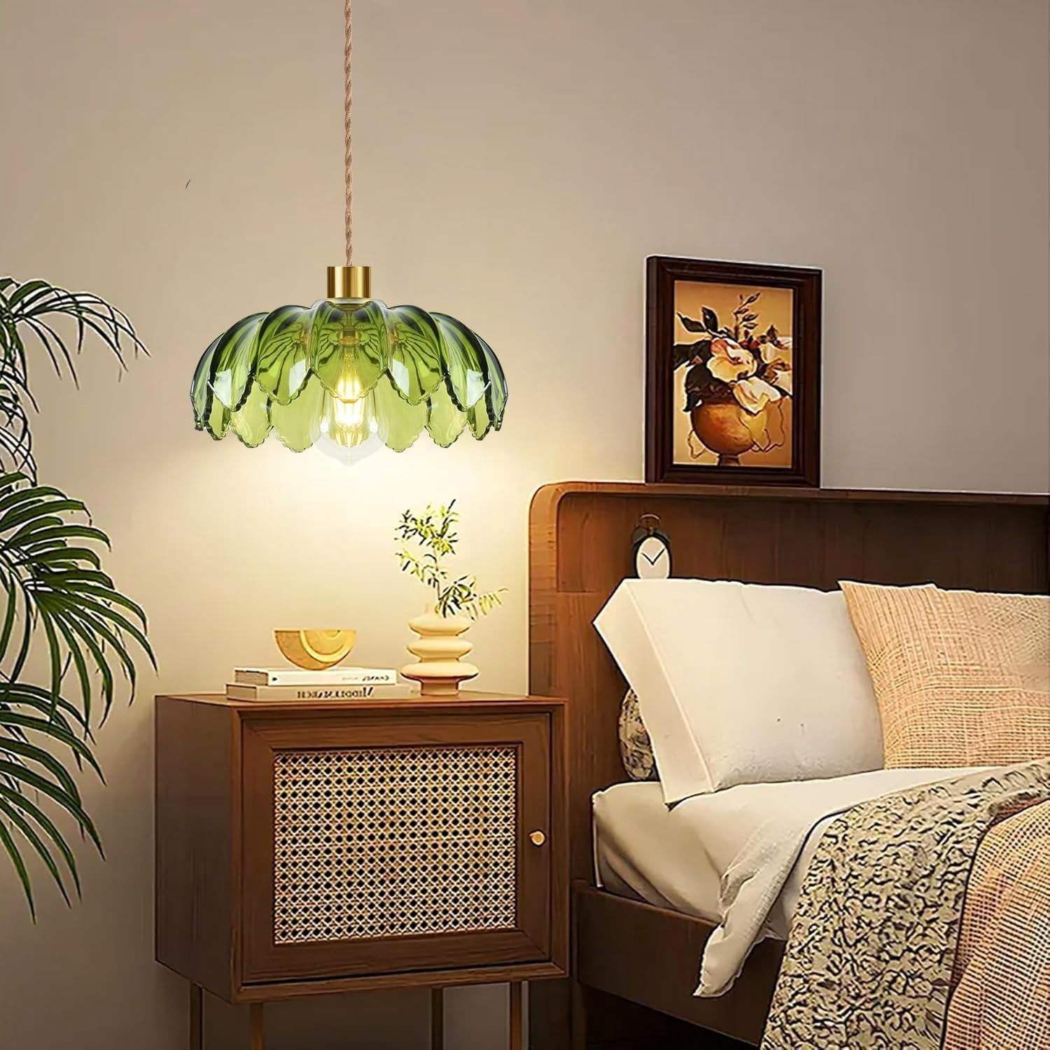 Plug in Pendant Light Hanging Lights with Plug in Cord Boho Hanging Lamp Glass Gold Mid Century Modern Vintage Dimmable Green Flower Plug in Chandelier Ceiling Fixture for Living Room,Kitchen