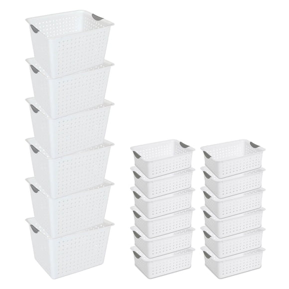 Sterilite Set of Ultra Plastic Storage Bin Baskets, 6 Deep and 12 Medium