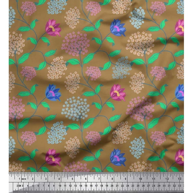 Soimoi Poly Georgette Fabric Leaves & Floral Artistic Print Sewing Fabric Yard 52 Inch Wide