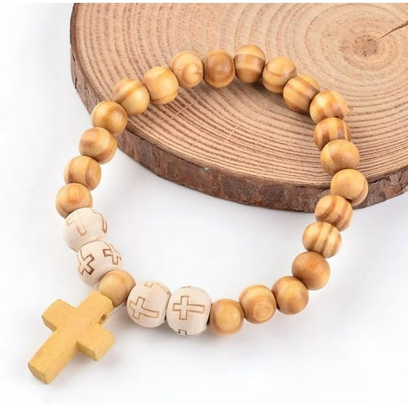 5pcs Cross Wood Beaded Stretch Charm Bracelets BurlyWood 55mm
