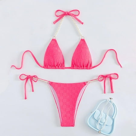 absuyy Bikinis for Women Swimsuits Sets Two Piece Plain Color Comfortable Summer Saving Split Swimwear Beachwear Hot Pink Size S