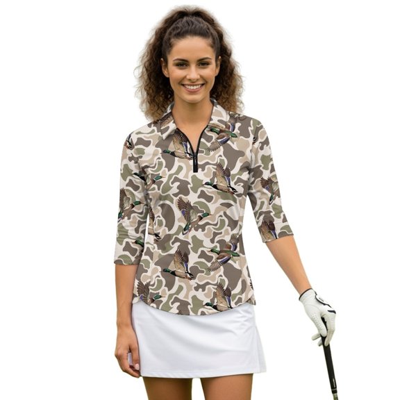 HUIACONG Mallard Duck Print Pullover, Quarter Zip with Zip Up Collar 3/4 Sleeve Athletic Golf Shirts Relaxed Women's Golf Shirt