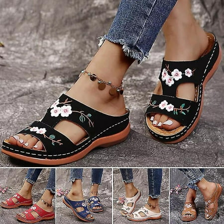 Leather Flower Embroidered Vintage Casual Soft Footbed Orthopedic Arch ...
