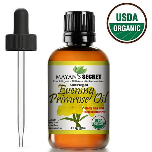 Mayan's Secret Organic Cold Pressed Evening Primrose Oil - Natural, Undiluted, Unrefined, USDA Certified Organic - Rejuvenate and Moisturize The Skin and Hair, Carrier Oil - 4oz