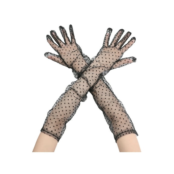 INSPIRE CHIC Women's Polka Dot Mesh Gloves Lace Tulle Extra Long Evening Glove 1 Pair One Size Black