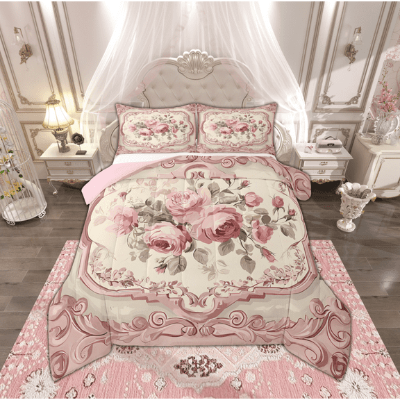 Manfei Girls Pink Rose Bedding Comforter Set, Anniversary Flower Floral Twin Comforter Sets, Western Bohemian Mandala Reversible Bedding Set, Ultra Soft Home Decor, 2-Piece