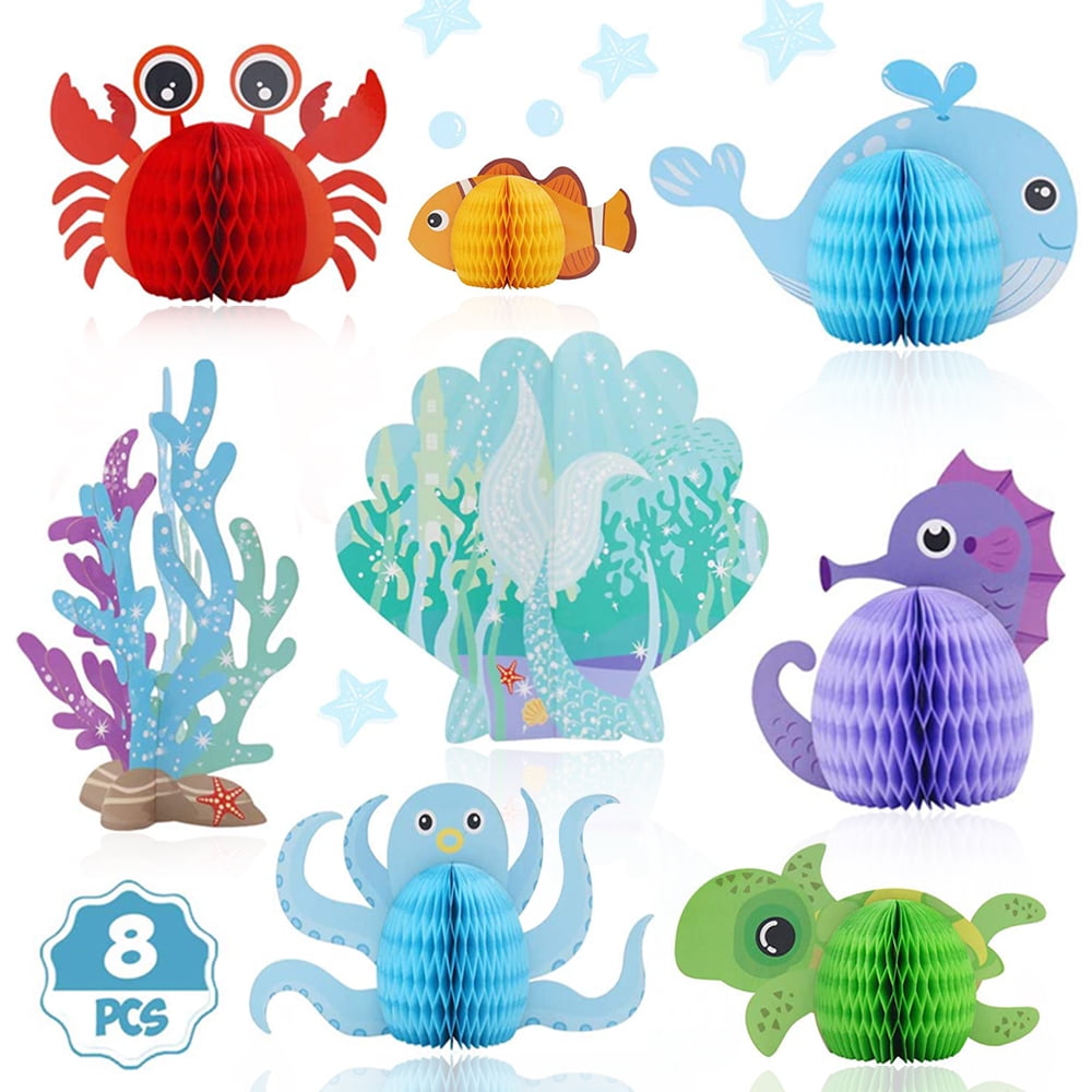 LNKOO 8 Pieces Mermaid Centerpieces Sea Animals Honeycomb Party Supplies 3D Ocean Themed Birthday Decorations for Baby Shower Wedding Pool Party-Tabletop Decoration