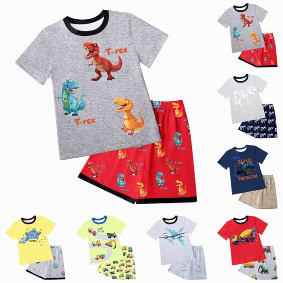 YDFCWXW 2Pcs Toddler Baby Boy Clothes Short Sleeve Fun Prints T-Shirt Tops Short Pants Set Summer Outfits (Light Green, 6-7 Years)