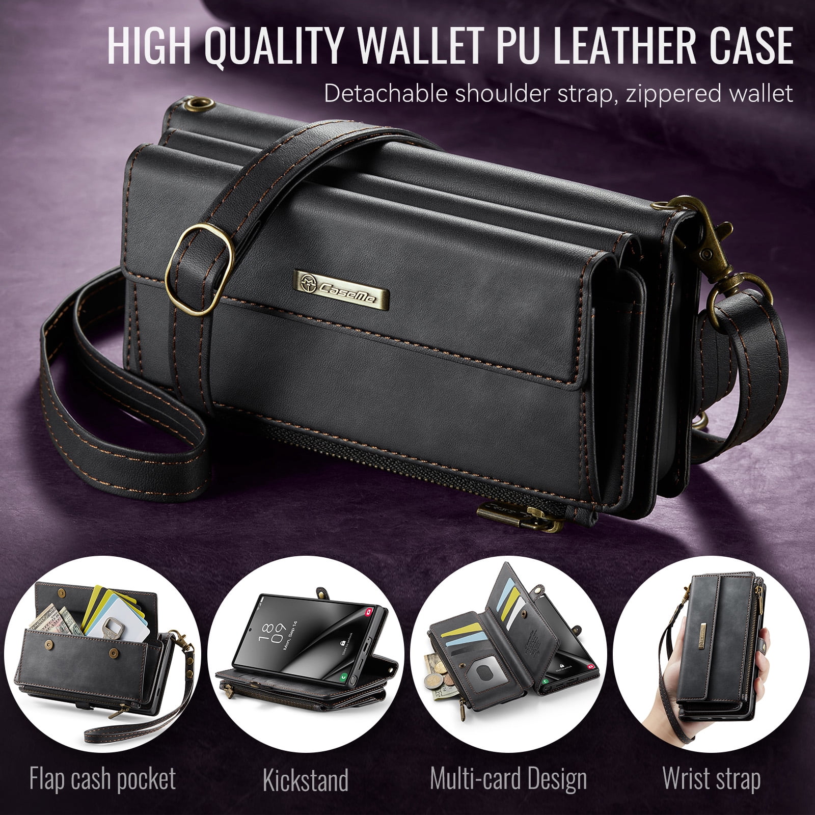 Decase Wallet Case for Samsung Galaxy S25 Ultra,Magnetic Flip Zipper Pocket PU Leather Phone Cover,Crossbody Flip Cover with RFID Card Slots,Black