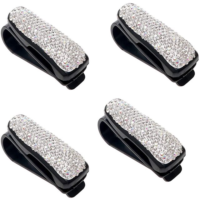 4 Uds Bling Clip de sujeción para coche estuches para gafas soporte de almacenamiento de diamantes de imitación estilo de coche visera portátil gafas de sol soporte para gafas (blanco)