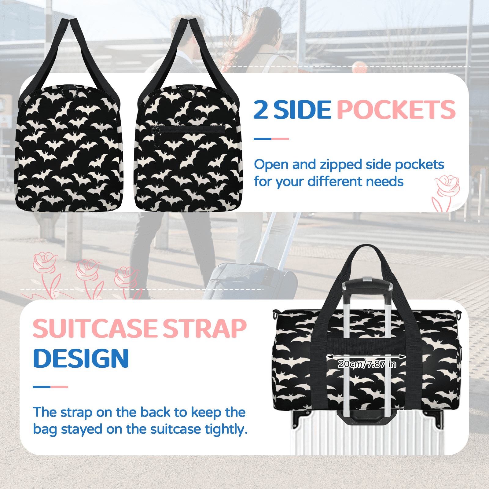 Herdesigns Spooky Halloween Travel Duffle Bag Sports Yoga Weekender Overnight Carry on Workout Bags Lightweight Waterproof Gym Tote Bag for Women Halloween Black and White Bats