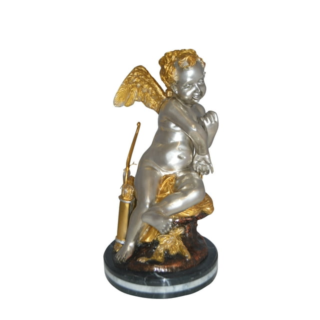 Nifao Cupid Girl On A Rock Bronze Statue - Size: 20"L x 15"W x 25"H.