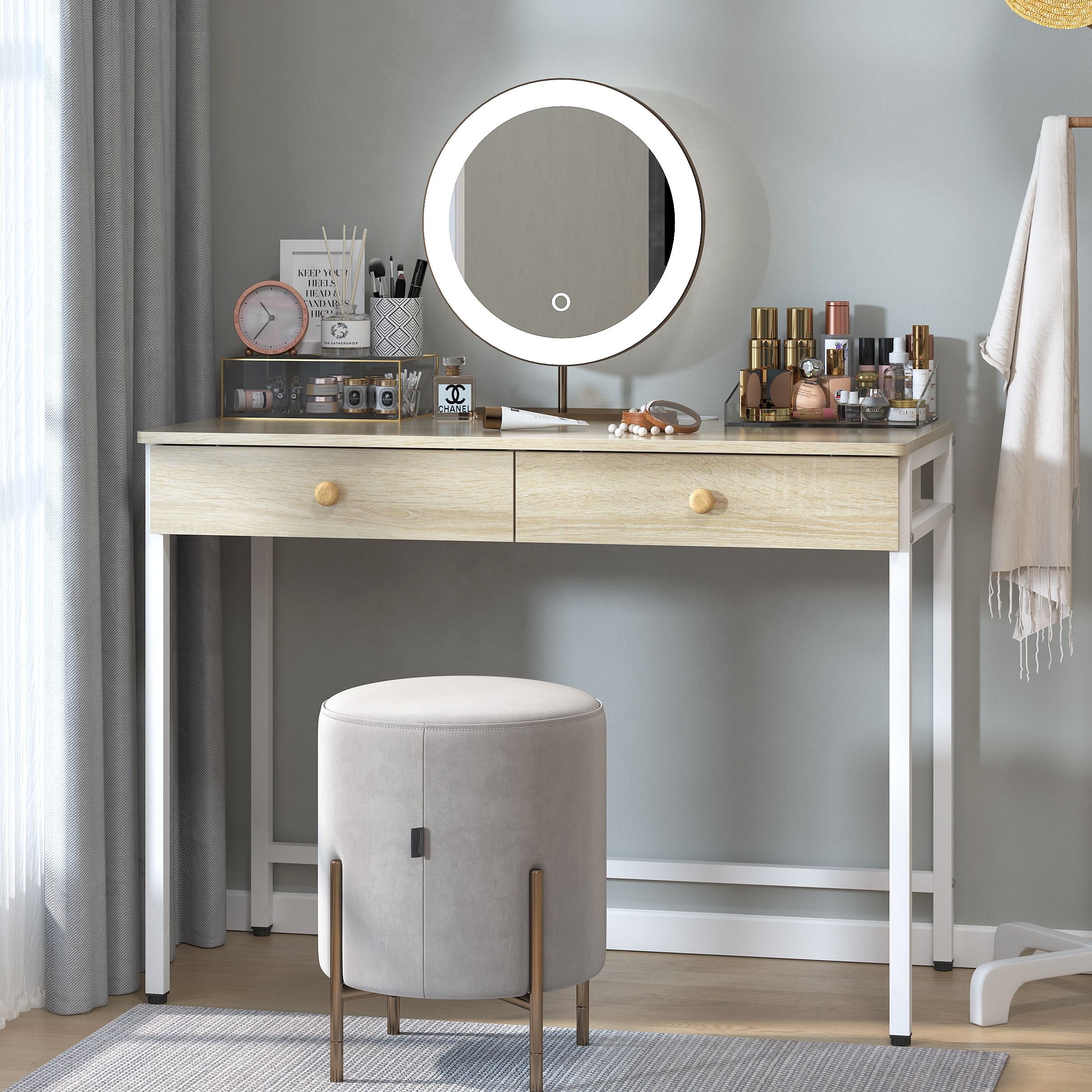 Yoneston 40 Inch Small Computer Desk with 2 Drawers, Vanity Desk with Storage for Bedroom, Home Office Working Table for Bedroom & Small Spaces, Beige