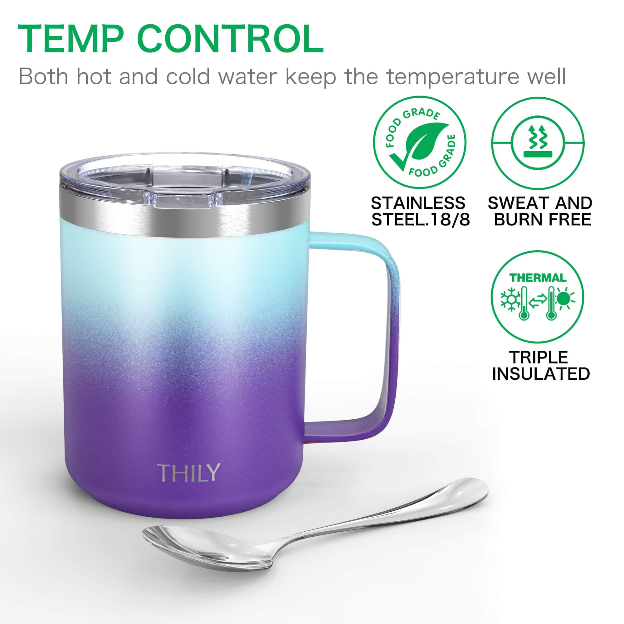 Stainless Steel Vacuum Insulated Coffee Mug - THILY 12 oz Travel Coffee Cup  with Handle, Spill-Proof Lid, Keep Coffee Cold or Hot, Pink Ripple 