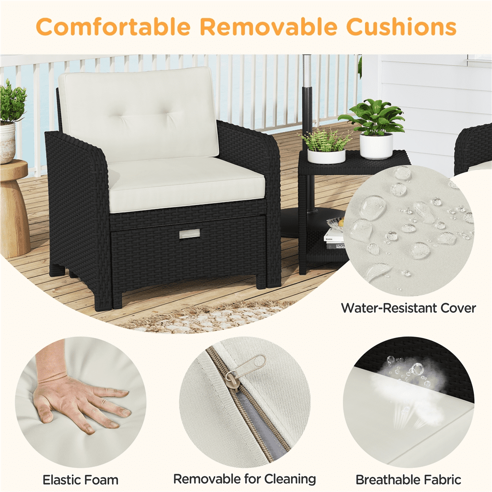 Renwick 5-Piece Outdoor Conversation Set with Table Chairs Ottomans, Black/Beige