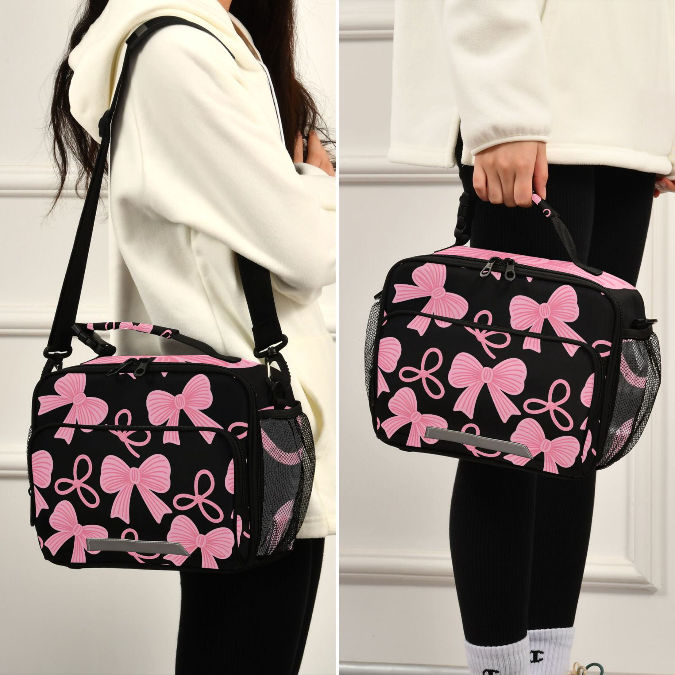 ALAZA Pink Bows Lunch Box Insulated Cooler Bag Reusable Tote Bags Shoulder Strap