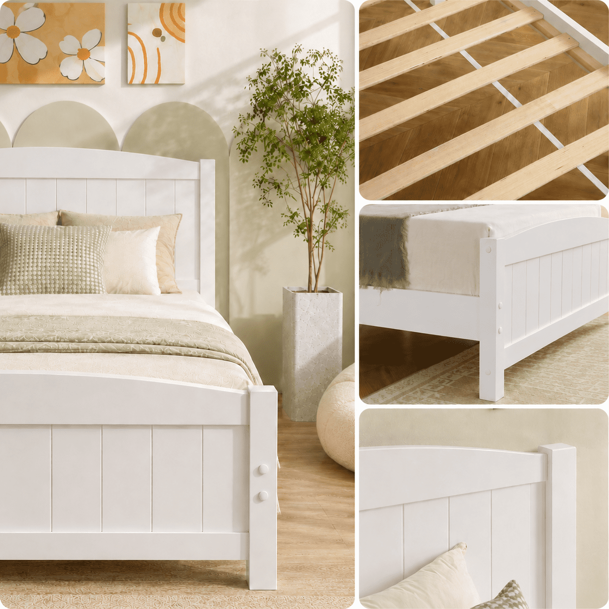 PAPROOS White Wooden Twin Platform Bed Frame with Headboard and Footboard, 330lbs Capacity, Twin Size Bed Frame, No Box Spring Needed