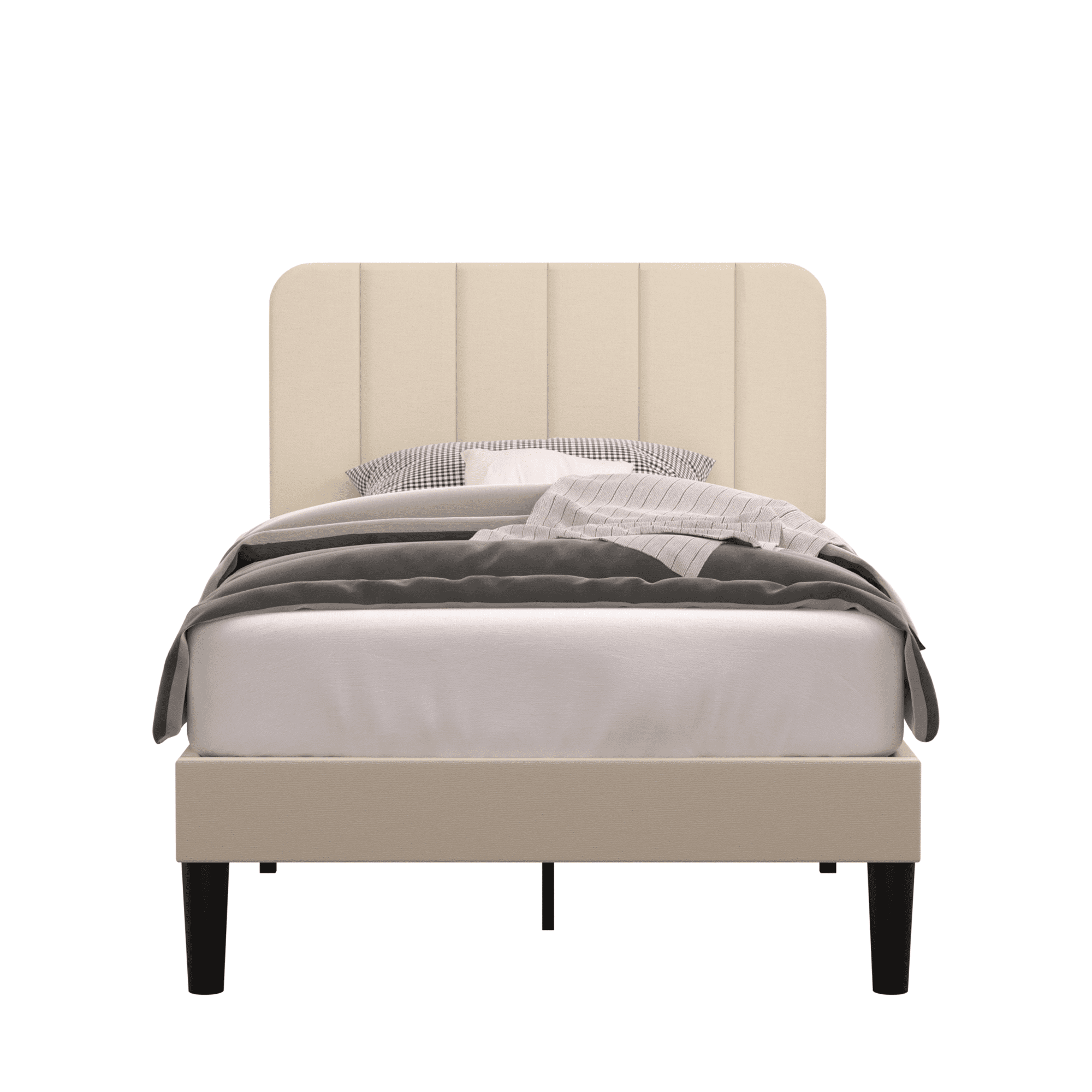 Taomika, Twin Size Upholstered Platform Bed Frame with Adjustable Headboard-Beige