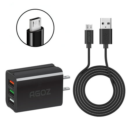 Futaba Micro Plug (Agoz Fast Charge 3 USB Port Home Wall Plug in Charger Adapter + 6ft MICRO USB Cable For Samsung Galaxy S7, S7 Active, S7 Edge, Note 5, Note 4, S6,)