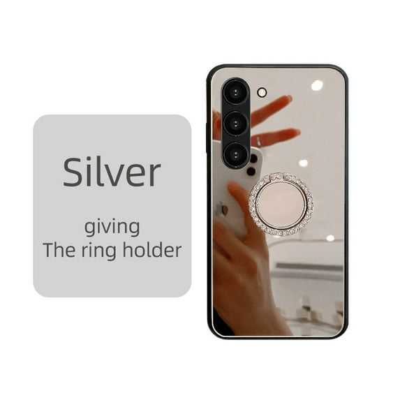Nalacover Mirror Phone Case for Samsung Galaxy S22 Plus with Diamond Ring Holder Bracket Clear Imaging Cover, Slim Fit Makeup Soft Silicone Shockproof Lens Protection Case for Women Girls,Silver