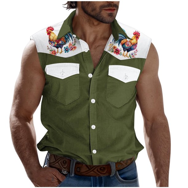 Camisas de Cuello para los Hombres de Moda Casual Imprimir Turndown Cuello sin Mangas Bolsillos Deportivos Tanque, Ligero Top de Verano