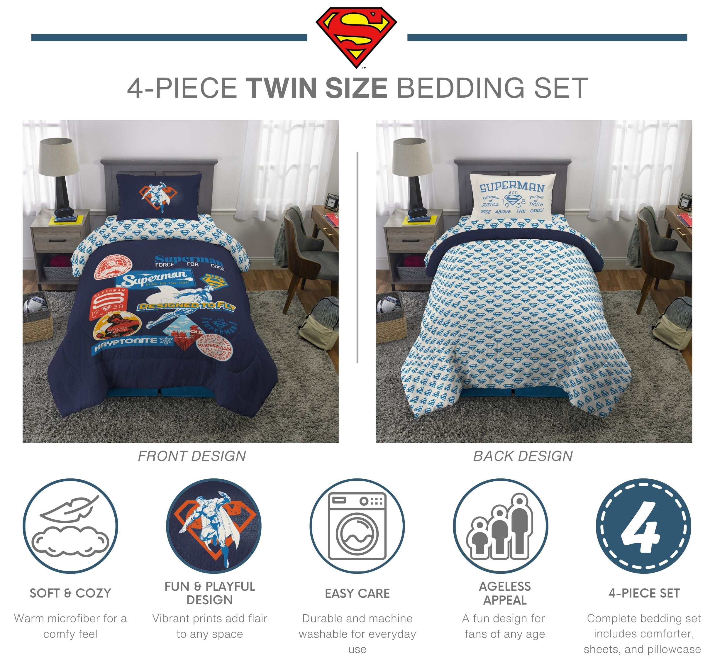Superman Kids 4 Piece Reversible Comforter Set, Blue Gray, Twin Bed in a Bag