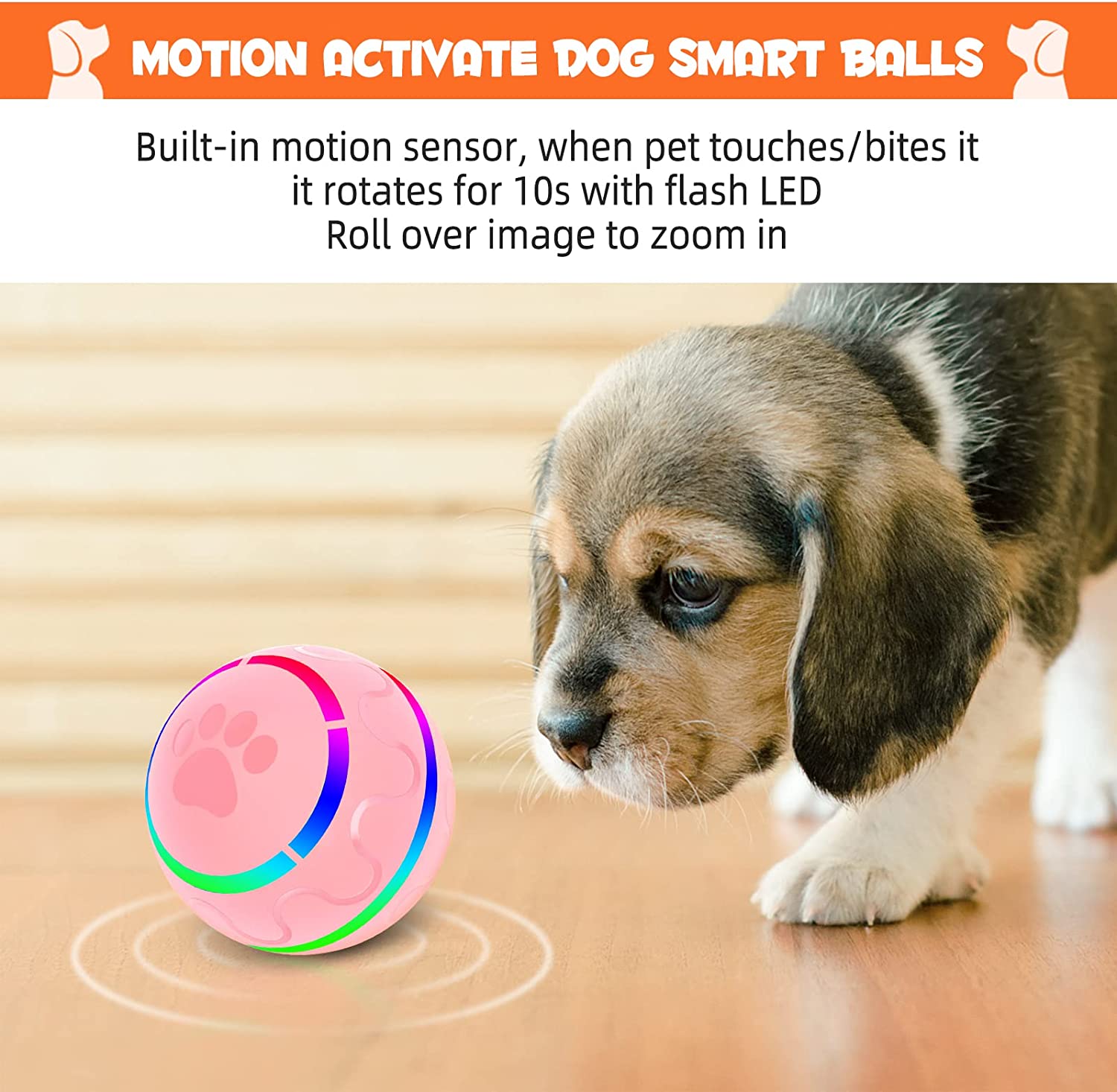 Interactive Dog Ball Toys, Pet Ball for Dogs, Durable Automatic Rolling Ball with Led, Flash Lights for Small Medium Dogs Breed, Wicked Ball with Motion Activat BPA-Free USB Rechargeable (Pink)