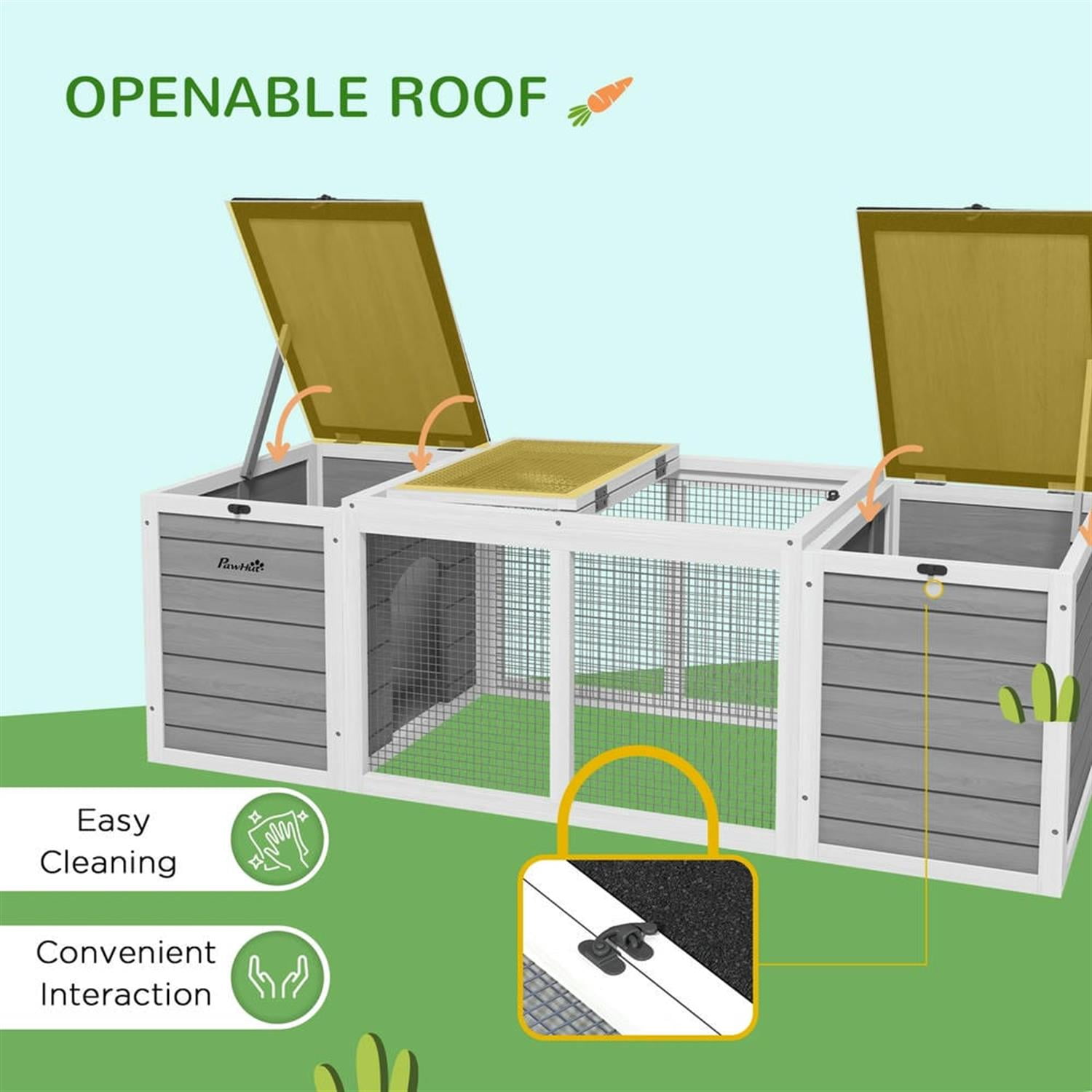 Kadyn 55" Wooden Rabbit Hutch with Openable Asphalt Roofs, Outdoor Small Animal Habitat Enclosure Bunny Cage for Bunnies, Guinea Pigs, Gray