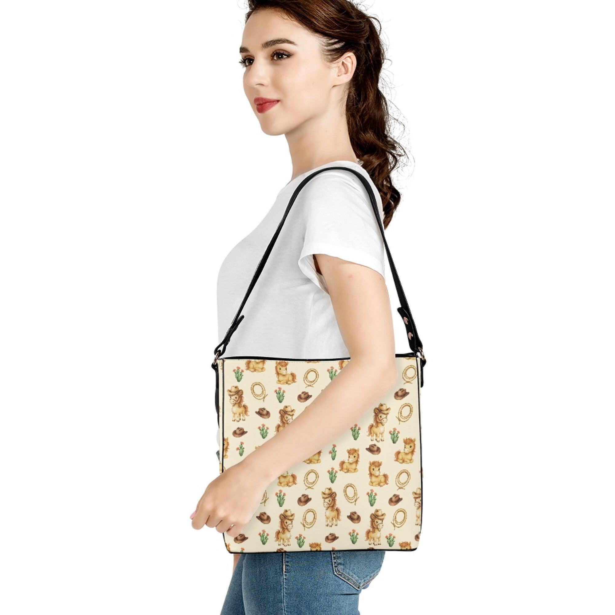 Kuiaobaty Cowboy Horse Print Bucket Crossbody Bag for Women, Cactus Print Leather Hobo Purse with Adjustable Strap, Waterproof Shoulder Handbag Crossbody for Travel & Shopping, Beige