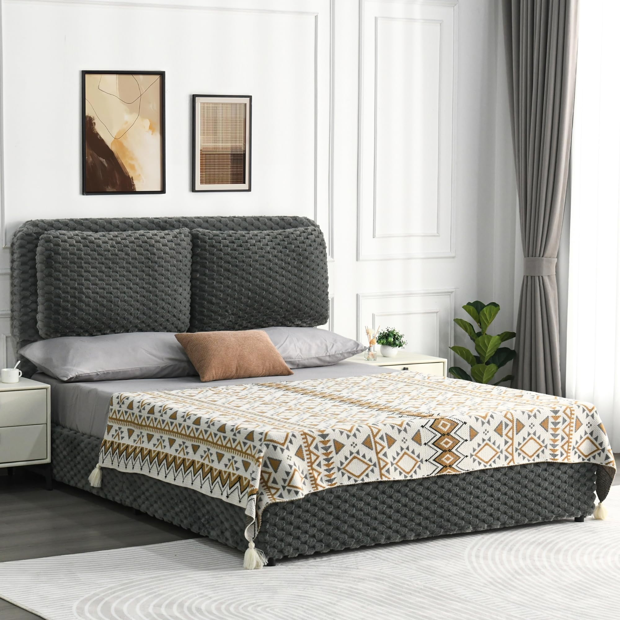 4 EVER WINNER Queen Bed Frame, Queen Size bed Frame with Headboard, Upholstered Bed Frame with Removable Pillows, Grey