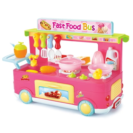 PlayWorld Kitchen Connection Fast Food Bus Kitchen Play Set Toy 29 Pieces - Pink