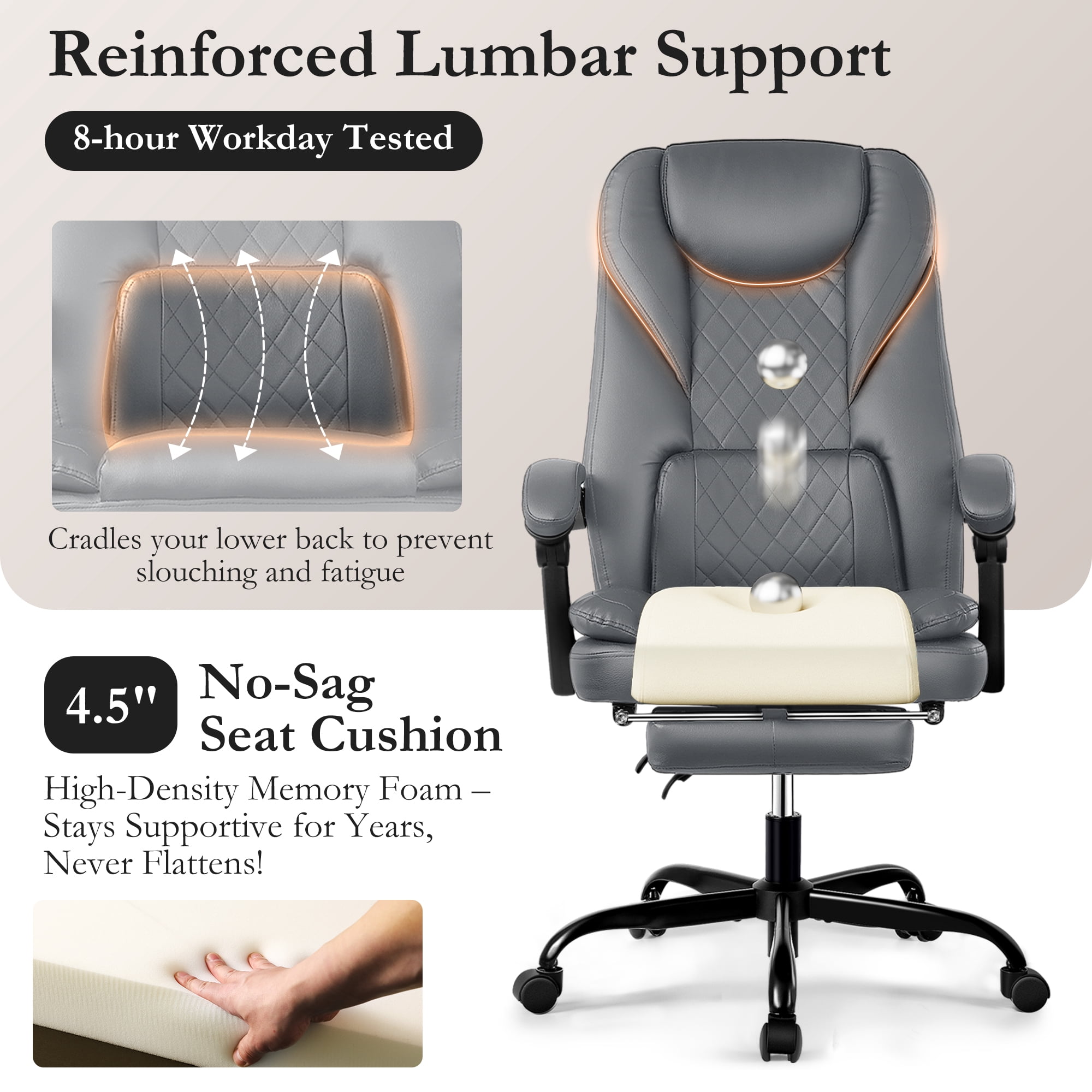 Primy Premium Executive Office Chair - Big & Tall PU Leather Reclining Chair with Footrest & Lumbar Support, 400lb Heavy Duty Ergonomic Computer Desk Chair for Home/Office, Gray