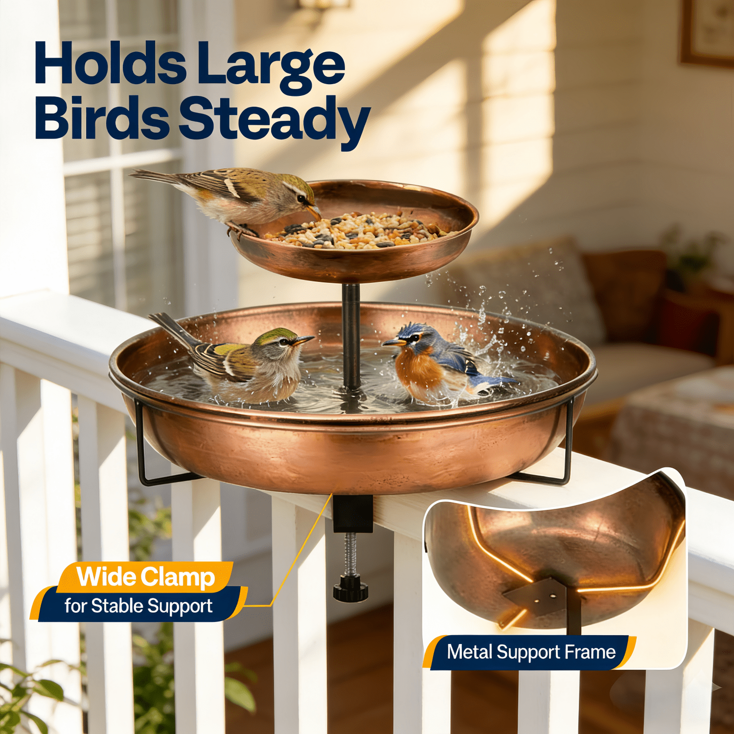 Deck Mounted Bird Bath with Bird Feeder, Adjustable Metal Clamp, Double-Tier Detachable Bird Bath for Deck Railing, Balcony & Fence, Rust-Resistant (Antique Bronze)