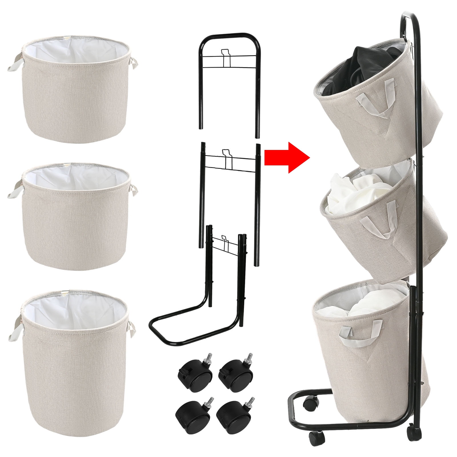 YOUPINS 3-Tier Laundry Hamper Sorter, Laundry Storage Organizer with Wheels Movable Rolling Laundry Baskets Cart, Bathroom Cart Clothes Shelf,Laundry Butler for Bathroom Bedroom Laundry Room, Beige