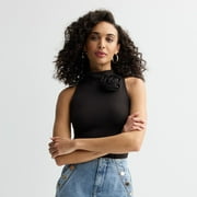 Women's bebe Mock Neck Rosette Tank Top Color: Black Size: X LARGE