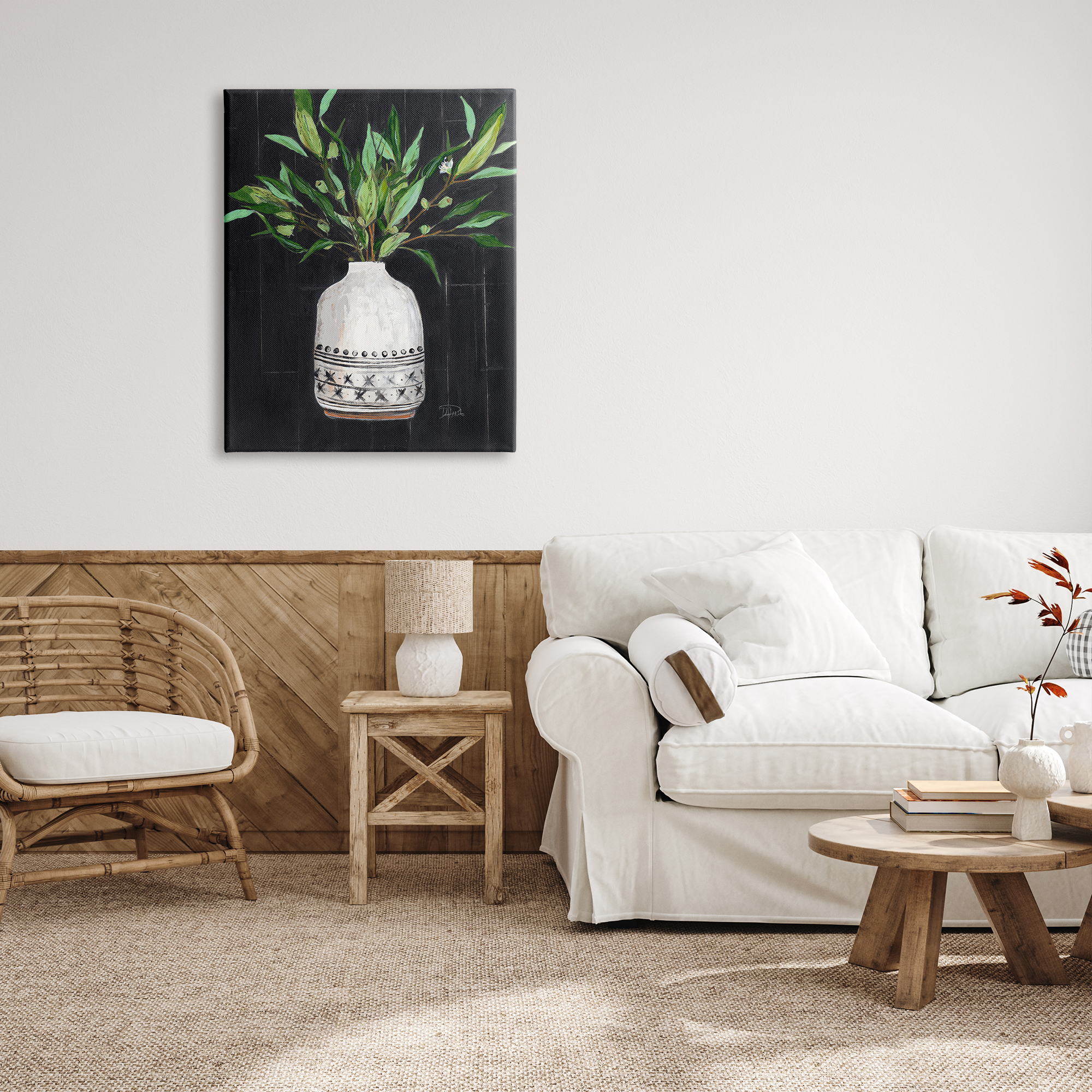 Stupell Industries Tall Botanical Leaves Arrangement Patterned Pottery Vase Painting Gallery Wrapped Canvas Print Wall Art, Design by Patricia Pinto