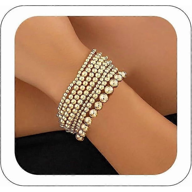 7PCS Layered Beaded Bracelets Set for Women Trendy Stretch Elastic Round Ball Beads Bangles Boho Chunky Gold Stackable Bracelets Dainty Jewelry for Gi