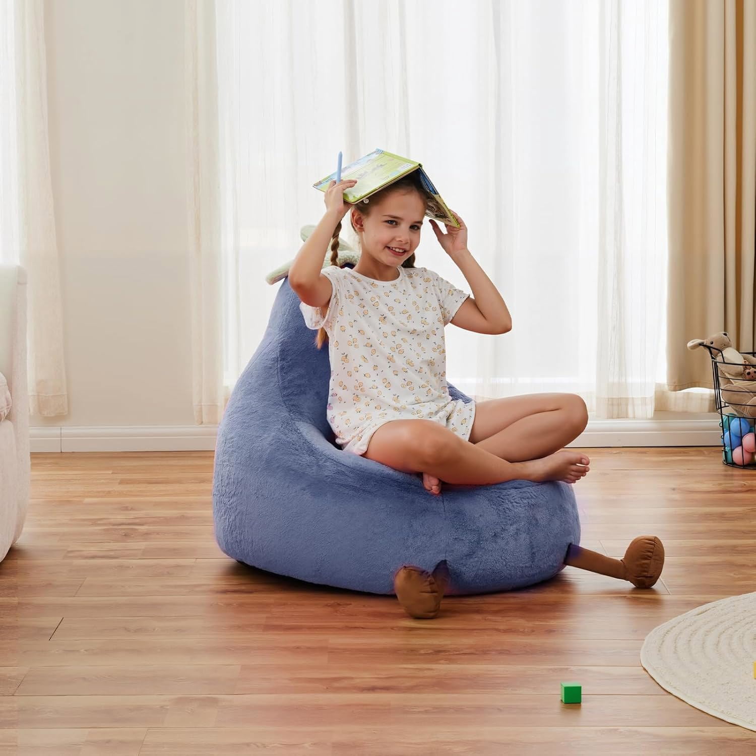 CONCETTA 24in Bean Bag Chair, Soft Faux Rabbit Fur Fabric, Cute Eggplant Lazy Chair for Kids, Living Rooms, Dark Blue