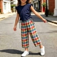 thumbnail image 5 of LJEFF Girls 2 PC Ruffle Sleeve Plaid Capri Set, Elastic Waist Lightweight Sleeveless Soft Kids Summer Outfit Navy Size 6 Years, 5 of 7