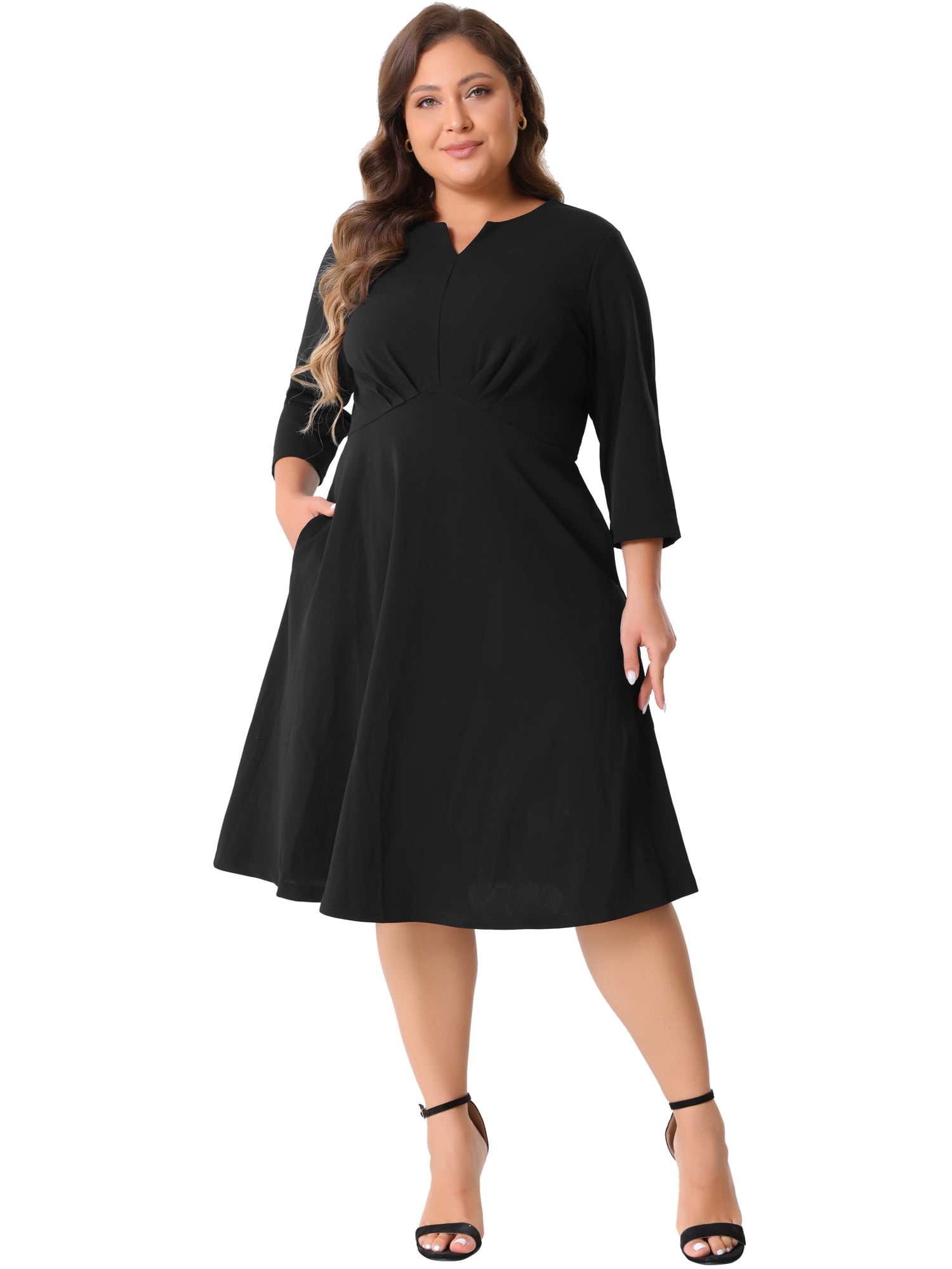 DARING DIVA Plus Size Midi Notched V Neck 3/4 Sleeve A-Line Dress 2X Black
