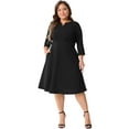 thumbnail image 3 of DARING DIVA Plus Size Midi Notched V Neck 3/4 Sleeve A-Line Dress 1X Black, 3 of 6
