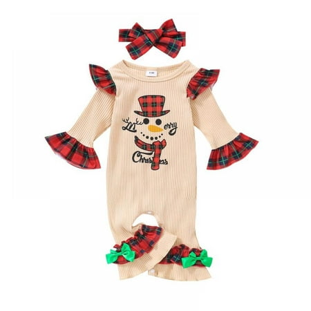 

0-12M Christmas Outfit Long Romper Cotton Toddler Girl Ruffle Bell-Bottom