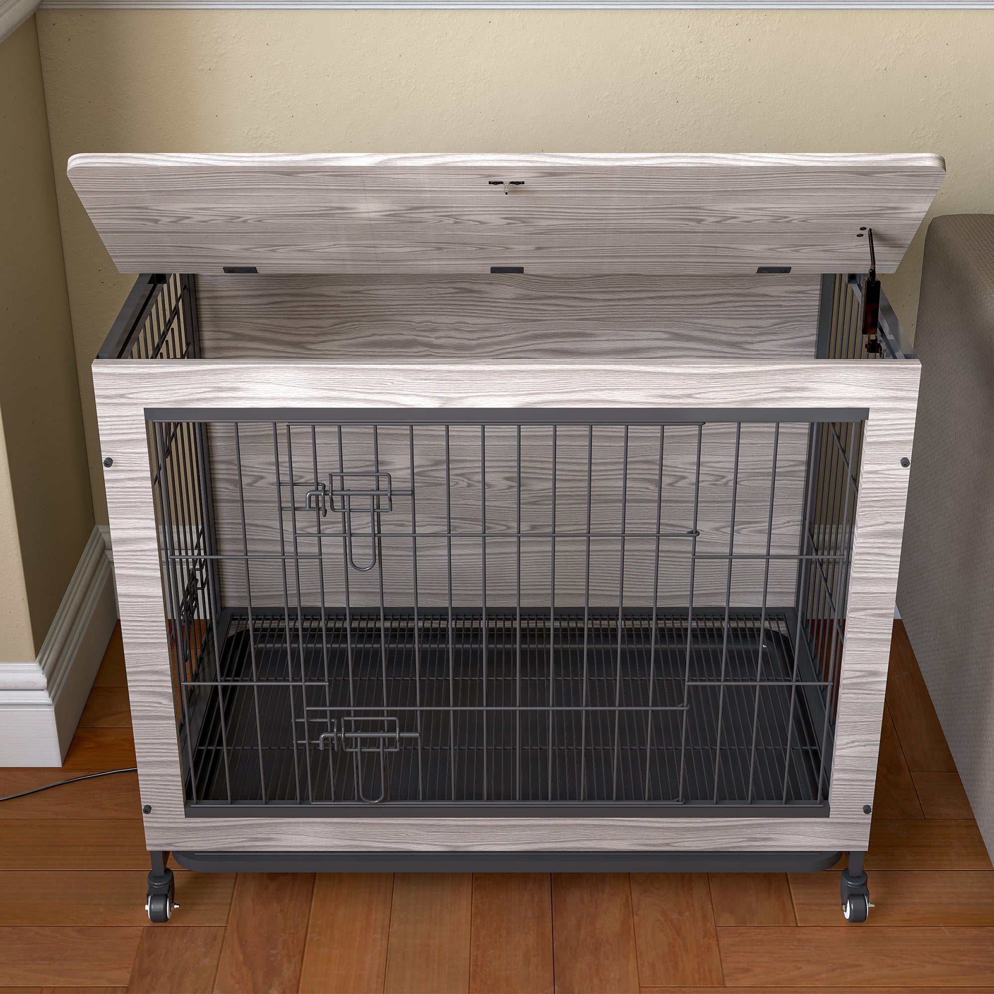 Pefilos 23.6"L Wood Dog Crate Furniture with Cushion, Double-Doors Dog Cag for Indoor, Dog House, Dog Kennel for Small Dogs, Gray Pefilos 23.6"L Wood Dog Crate Furniture with Cushion, Double-Doors Dog Cag for Indoor, Dog House, Dog Kennel for Small Dogs, Gray