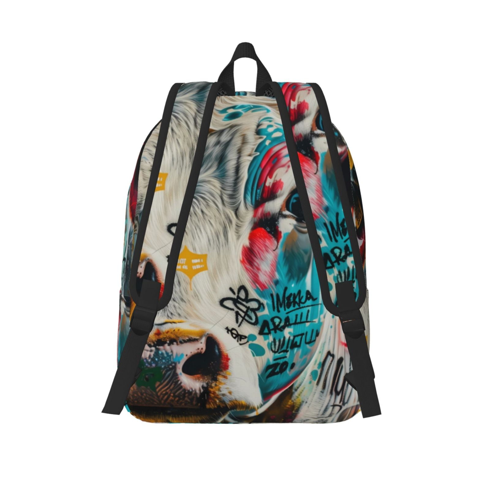 Picia Colorful Graffiti Cow Printed Canvas Daypack - Stylish and Durable Vintage Compact Backpack - Class, Work, Travel, or Laptop Bookbag,Organized Compartments-Small