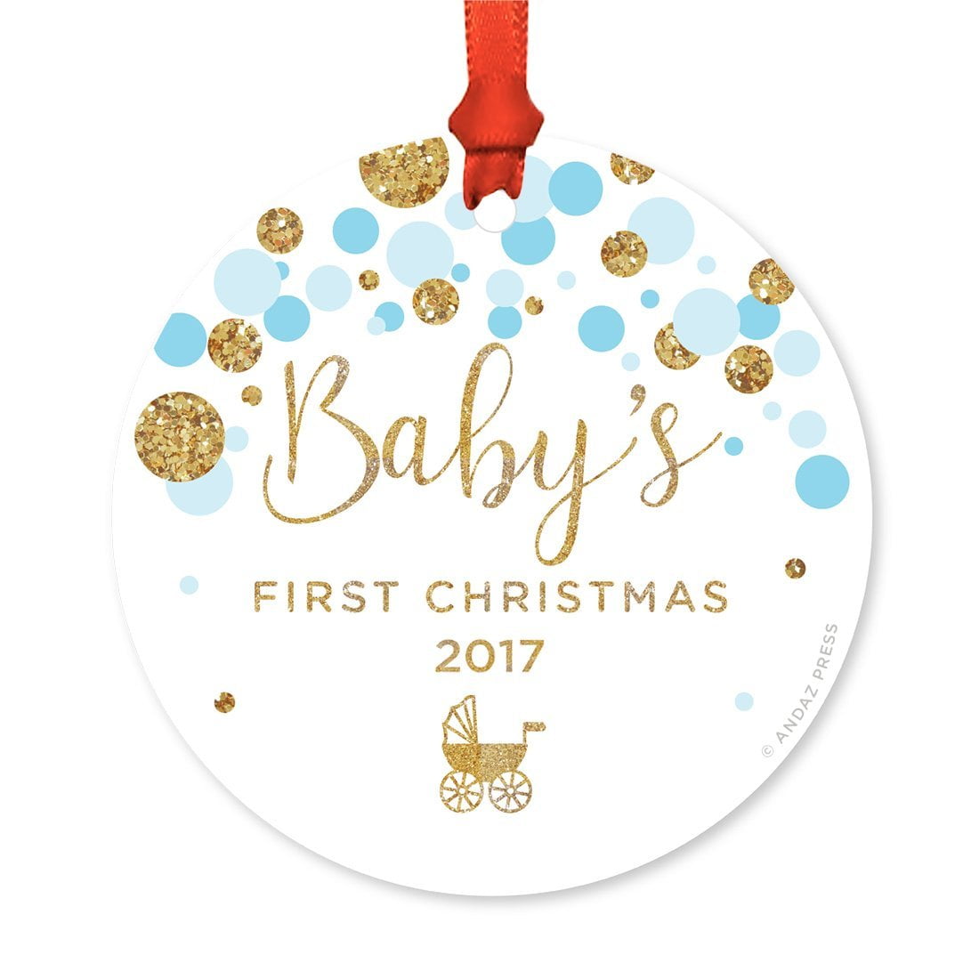 Koyal Wholesale Round Metal Christmas Ornament, Baby's First Christmas 20xx, Baby Blue Gold Glittering Confetti 1-Pack