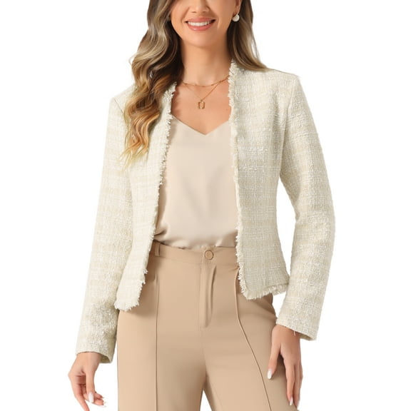 INSPIRE CHIC Plaid Tweed Blazer for Women's Long Sleeve Open Front Work Office Jacket XS Beige