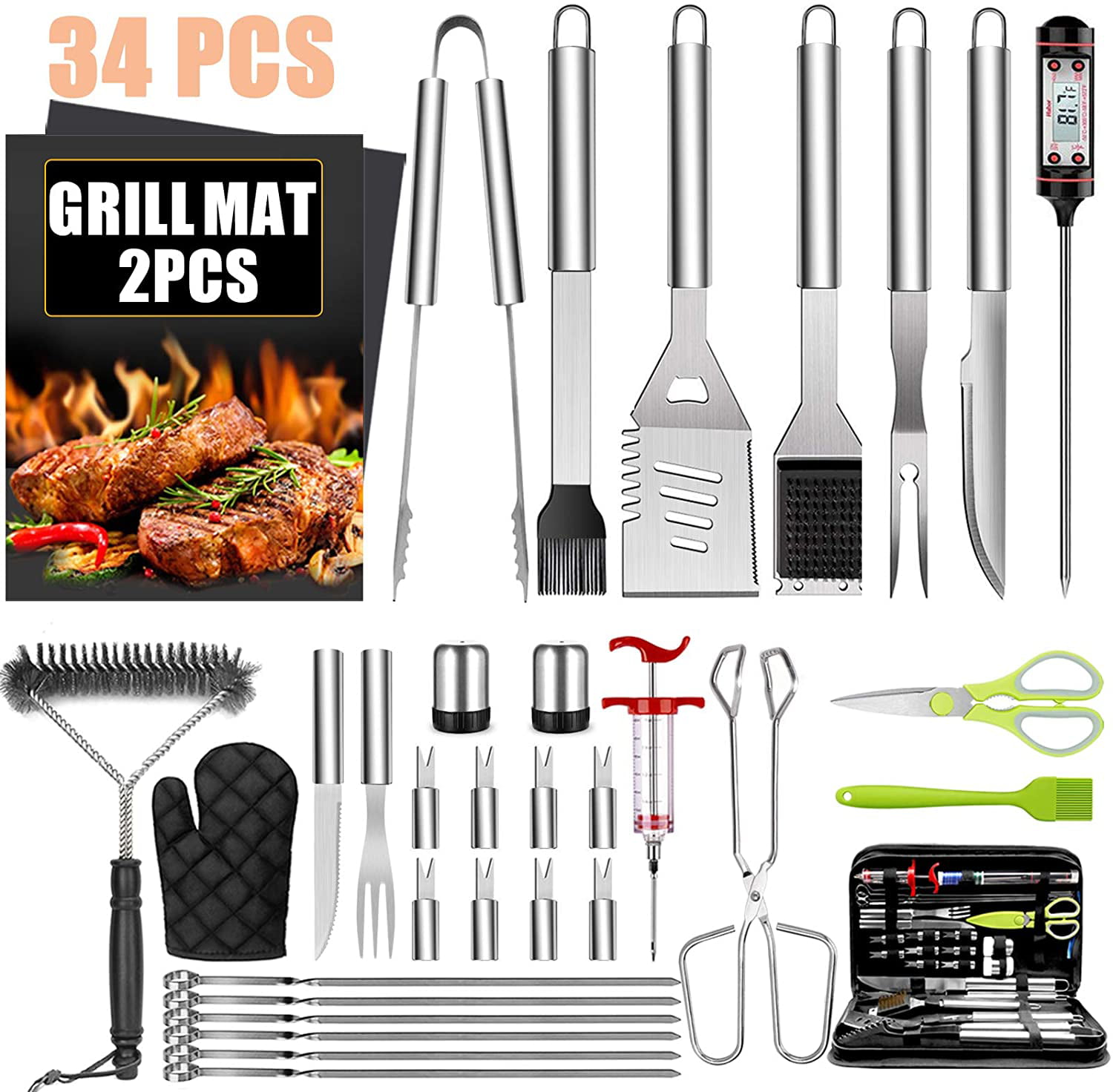 Rusland Normal Koge 34Pcs BBQ Grill Accessories Tools Set, Stainless Steel Grilling Tools with  Carry Bag, Thermometer, Grill Mats for Camping/Backyard Barbecue, Grill  Tools Set for Men Women - Walmart.com