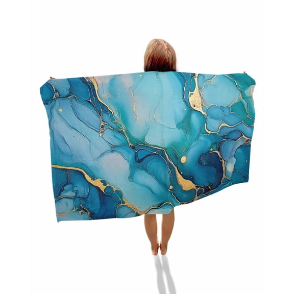 Modern Turquoise Beach Towels Oversized Super Absorbent, Abstract Teal Gold Marble Textured Lightweight Bath Towel Quick Dry Sets For Bathroom/Pool/Rv Camping/Beach Play/Gym Room/Picnic 35"x70"