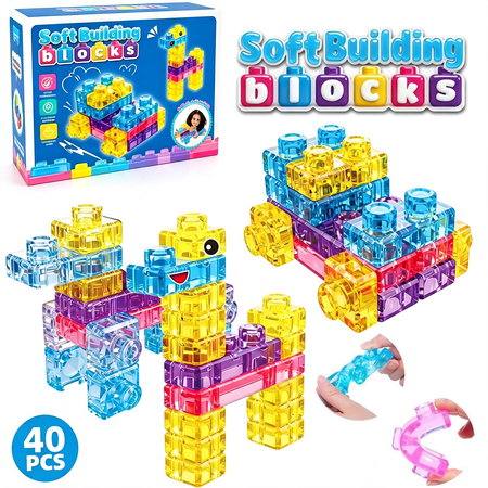 Gummy Bloc 40 PCS Sensory Soft Building Blocks for Toddlers Kids MontessoriSquishy Stacking Toy Set for Early Learning