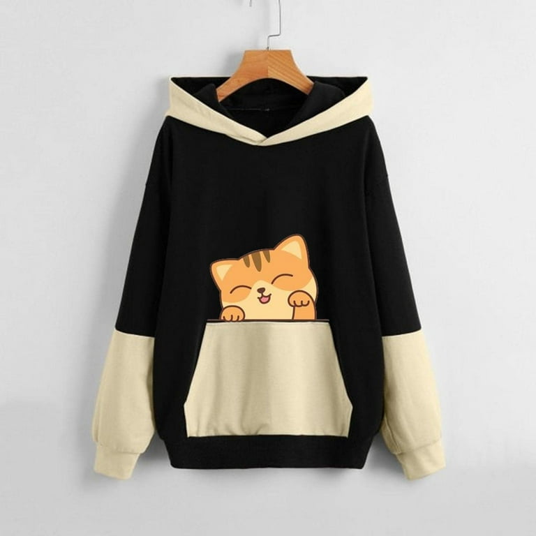 Cute Cat Printed Hoodies Fall Womens Hoodie Full Zip Sweaters For Women Teens Kawaii Womens Sports Hoodie Pullover Hooded Loose Plus Size Drawstring Pullover Hoodie Color Block Sweatshirts Blank Swe W...